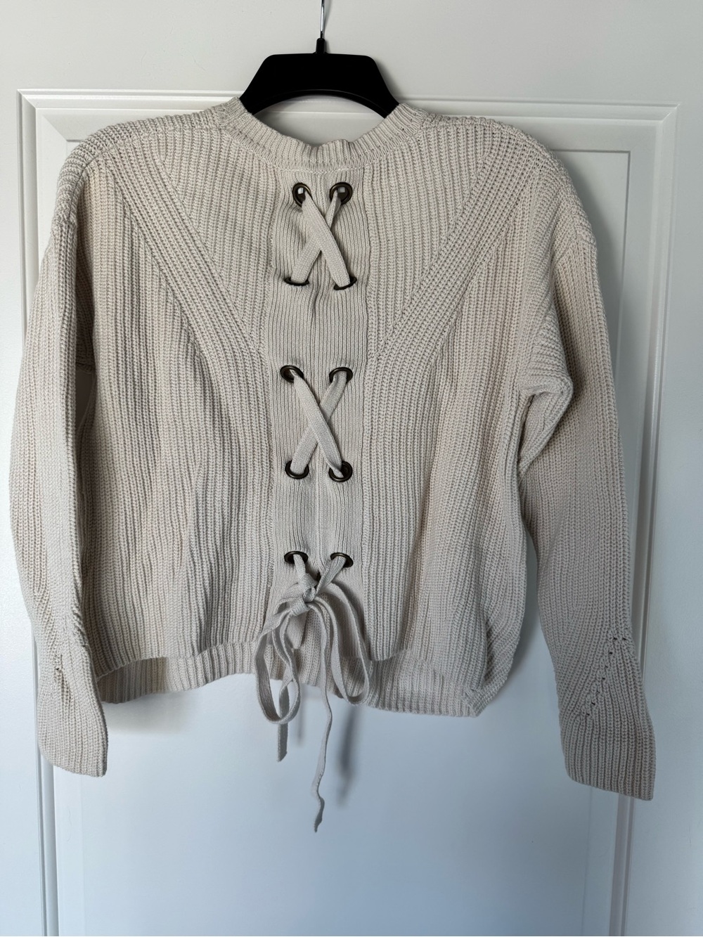 Lucky Brand Cream Lace-Up Cable Knit Crewneck Sweater